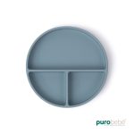 Prato em silicone azul com ventosa antiderrapante visto de cima – bebé introdução alimentar