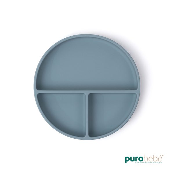 Prato em silicone azul com ventosa antiderrapante visto de cima – bebé introdução alimentar