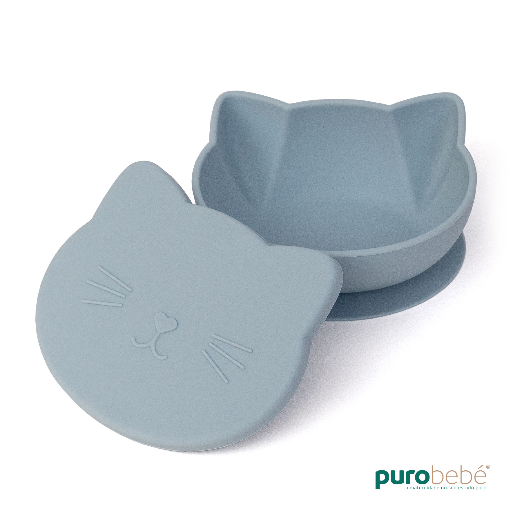 001_purobebe_tijela_gato_azul Tigela com Ventosa e Tampa em Silicone para Bebé - Image 1