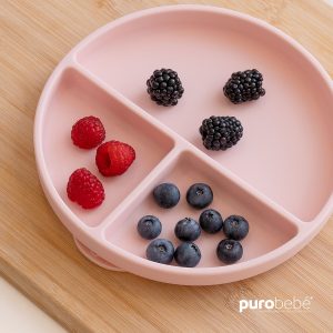 Prato em silicone rosa com ventosa antiderrapante para bebé – introdução alimentar PuroBebé