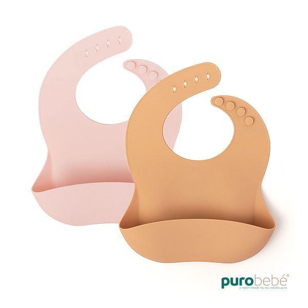 Conjunto de 2 babetes em silicone rosa e bege – PuroBebé