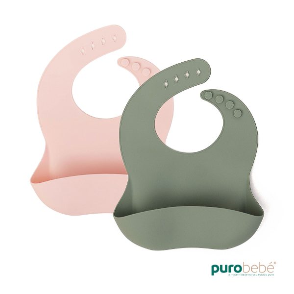 Conjunto de 2 babetes em silicone rosa e verde – PuroBebé