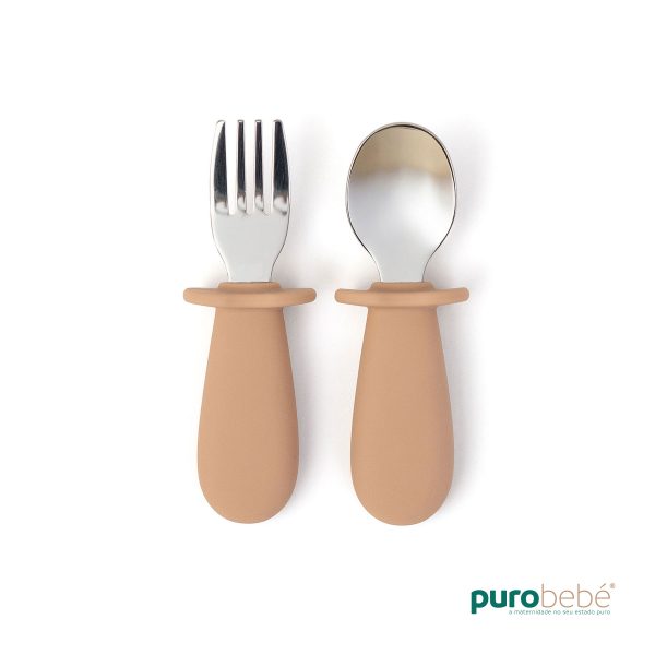 Conjunto de Talheres em Aço Inoxidável e Silicone – Garfo e Colher - Bege