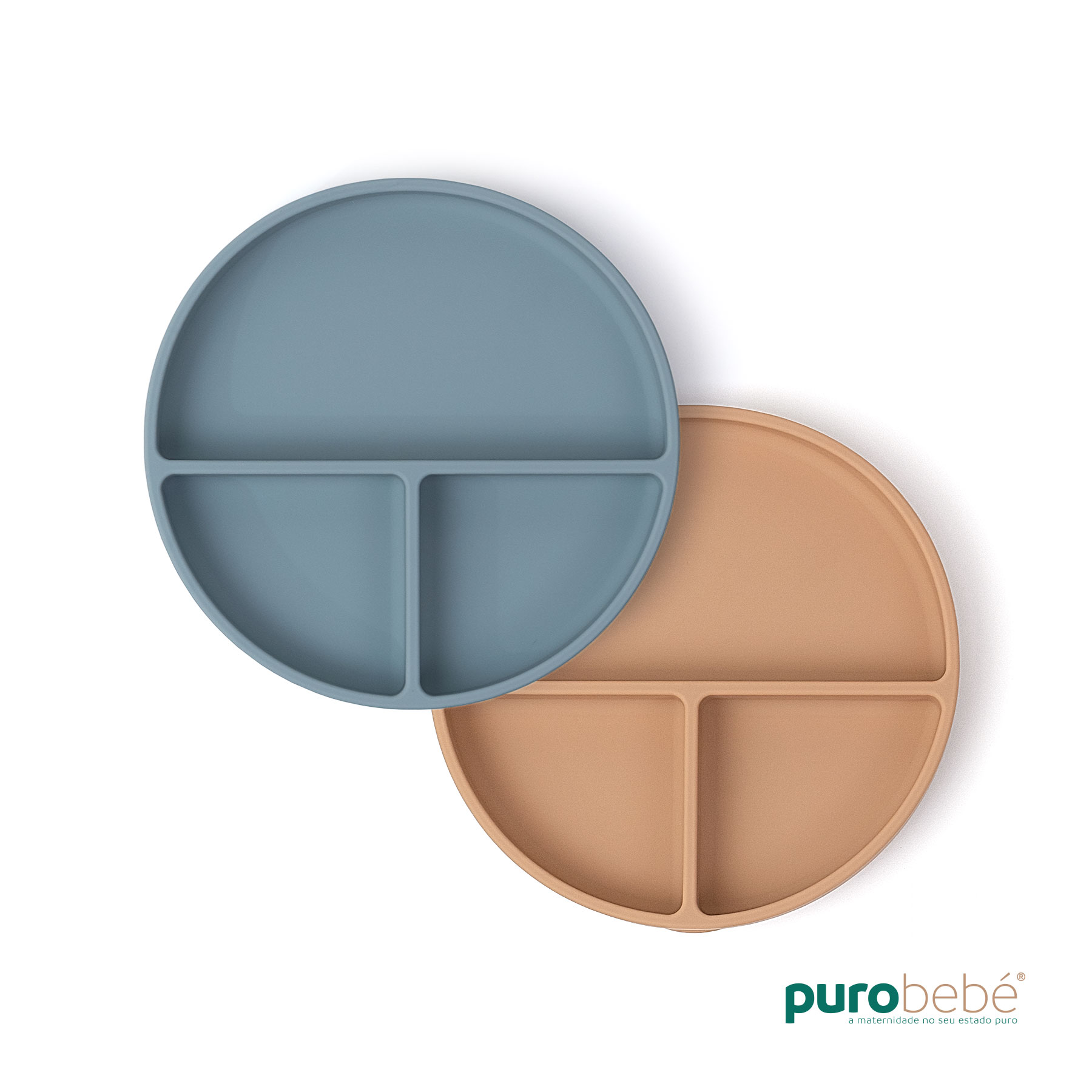 001_purobebe_prato_bundle_azul_bege Pack 2 pratos silicone com ventosa antiderrapante azul e bege para bebé – PuroBebé
