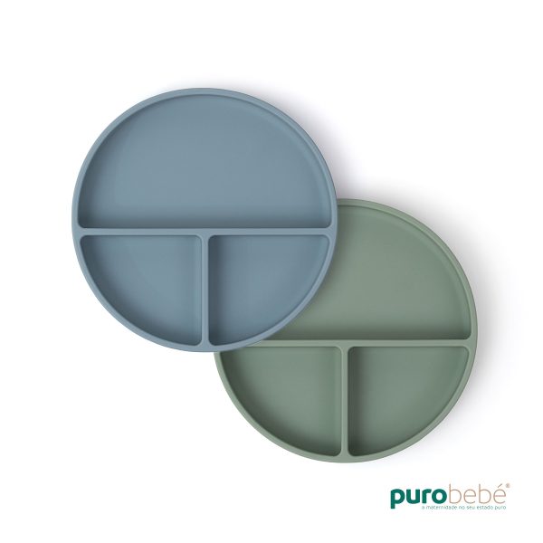 Pack 2 pratos silicone com ventosa antiderrapante azul e verde para bebé – introdução alimentar