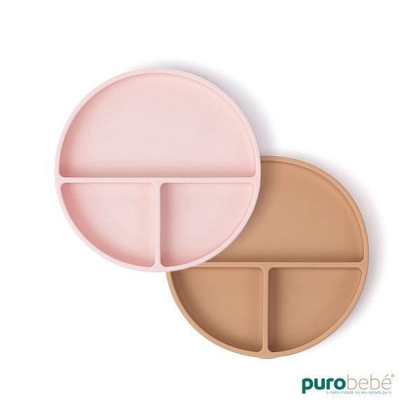 Pack 2 pratos silicone com ventosa antiderrapante rosa e bege para bebé – PuroBebé