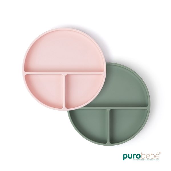 Pack 2 pratos silicone com ventosa antiderrapante rosa e verde para bebé – introdução alimentar