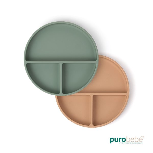 Pack 2 pratos silicone com ventosa antiderrapante verde e bege para bebé – introdução alimentar